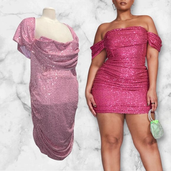 Pretty Little Thing Pink Sequin Ruched Mini Dress Open Back Sz 22 Womens - Picture 1 of 16
